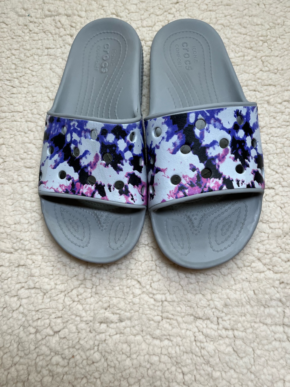 CROCS Slide Sandals in Gray with Purple Floral Band